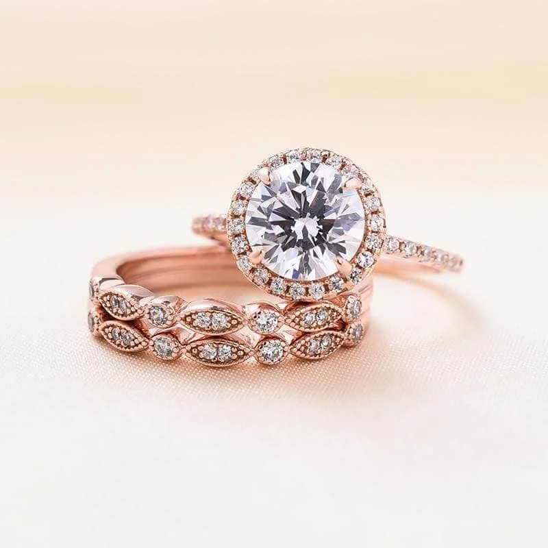 bridal diamond engagement rings-Vintage 3PC Halo Round Cut Wedding Ring Set In Rose Gold