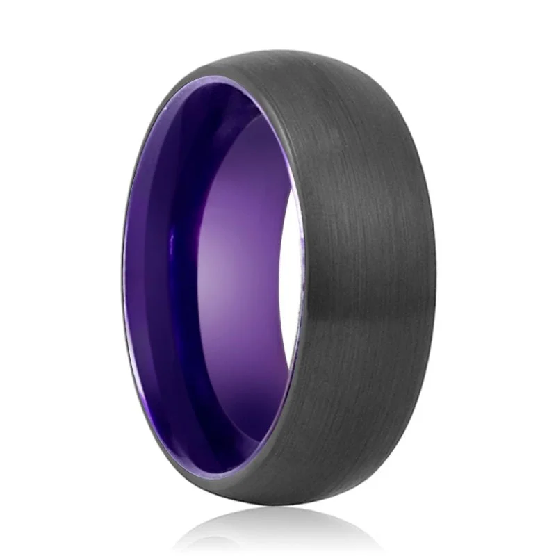 contemporary rings for women-ASTER | Purple Ring, Black Tungsten Ring, Brushed, Domed