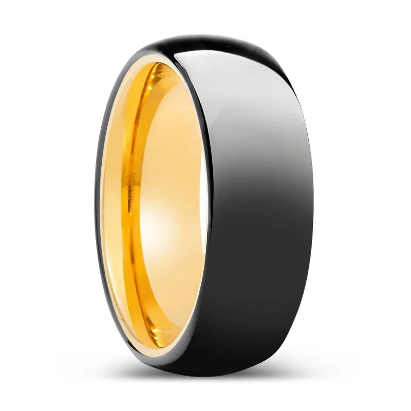 gemstone solitaire rings for women-SERENAD | Gold Ring, Black Tungsten Ring, Shiny, Domed Tungsten