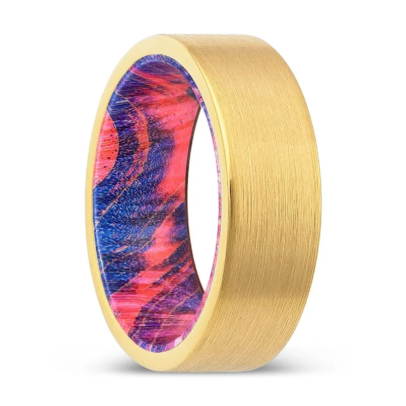 classic rings for women-MILLSTONE | Blue & Red Wood, Gold Tungsten Ring, Brushed, Flat