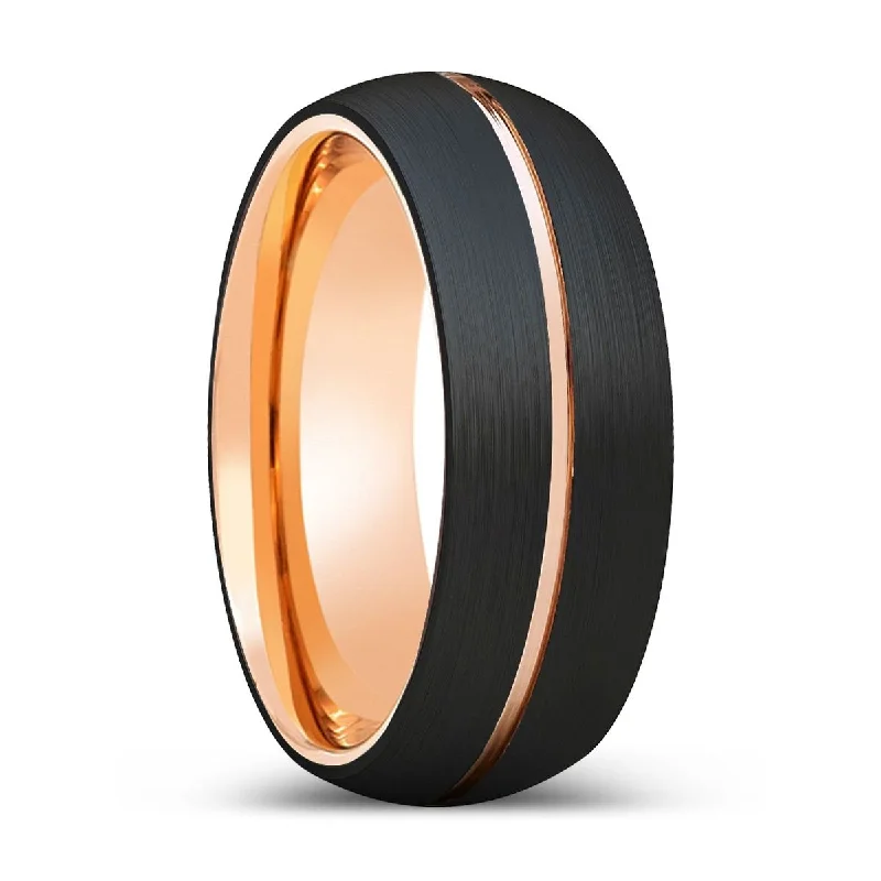 gold rings with diamonds-VOGUE | Rose Gold Ring, Black Tungsten Ring, Rose Gold Groove, Domed