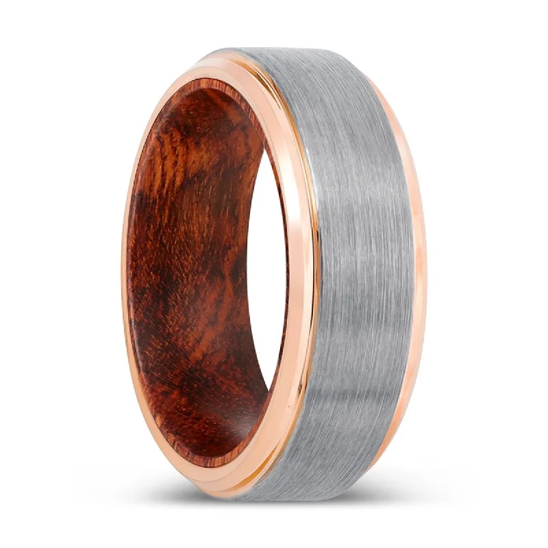 gold wedding bands for women-TORREN | Snake Wood, Silver Tungsten Ring, Brushed, Rose Gold Stepped Edge