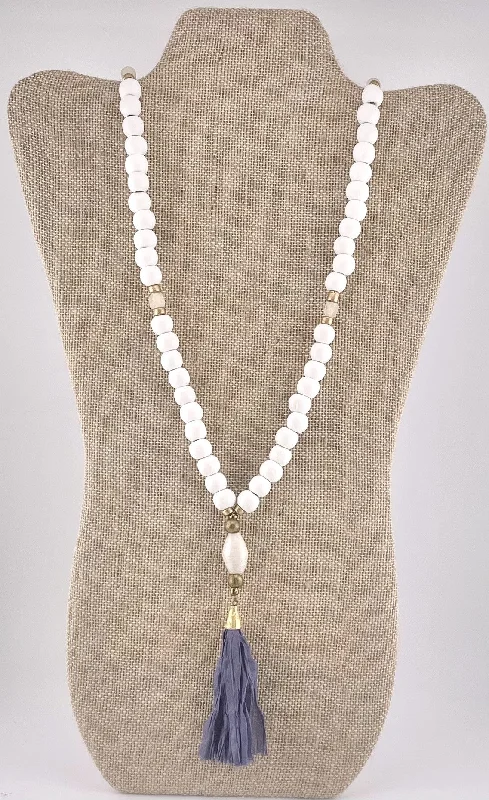 wedding chain necklaces for women-White Wood Bead & Blue Tassel Necklace