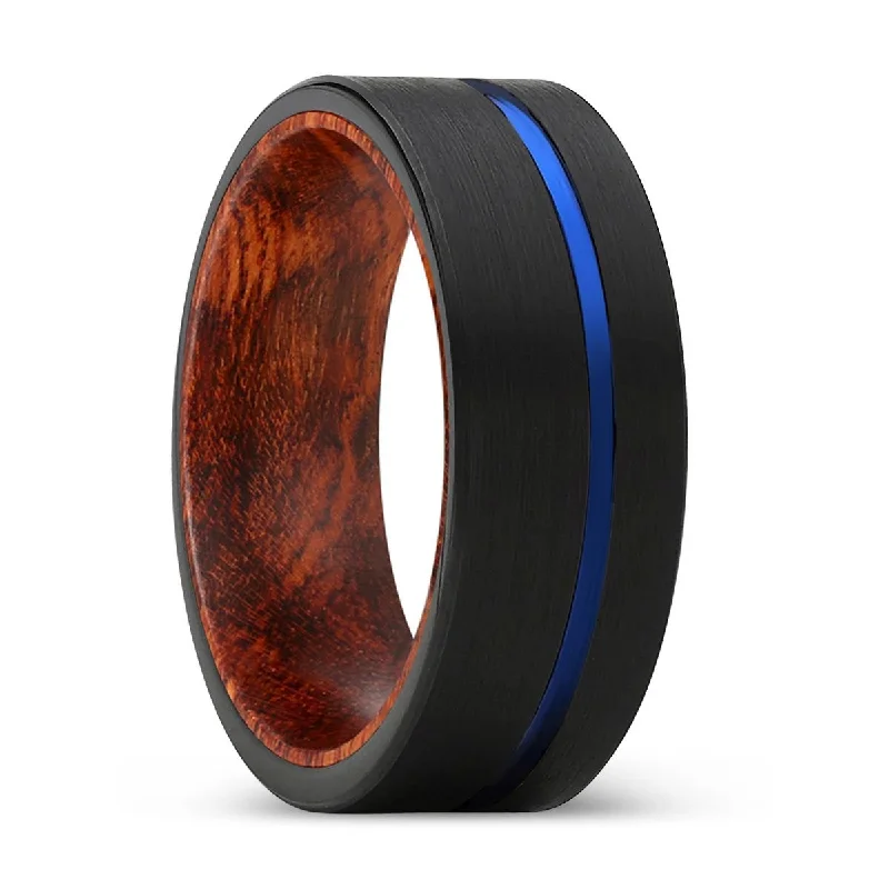 stackable gemstone rings for women-BRUSCHI | Snake Wood, Black Tungsten Ring, Blue Offset Groove, Flat