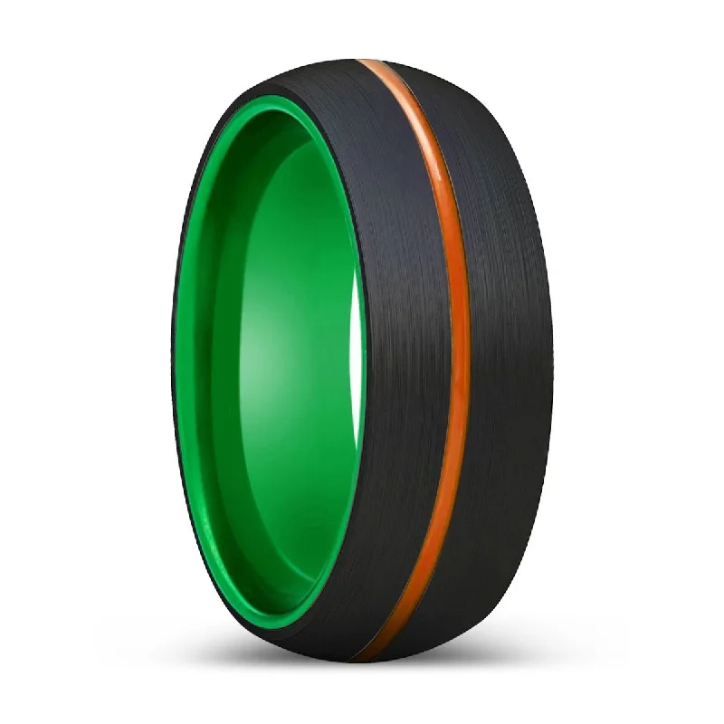 sapphire rings for women-OUTLAW | Green Ring, Black Tungsten Ring, Orange Groove, Domed