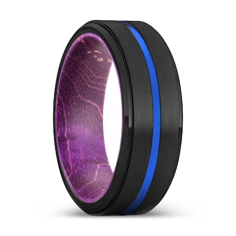 promise rings for women-BADGER | Purple Wood, Black Tungsten Ring, Blue Groove, Stepped Edge