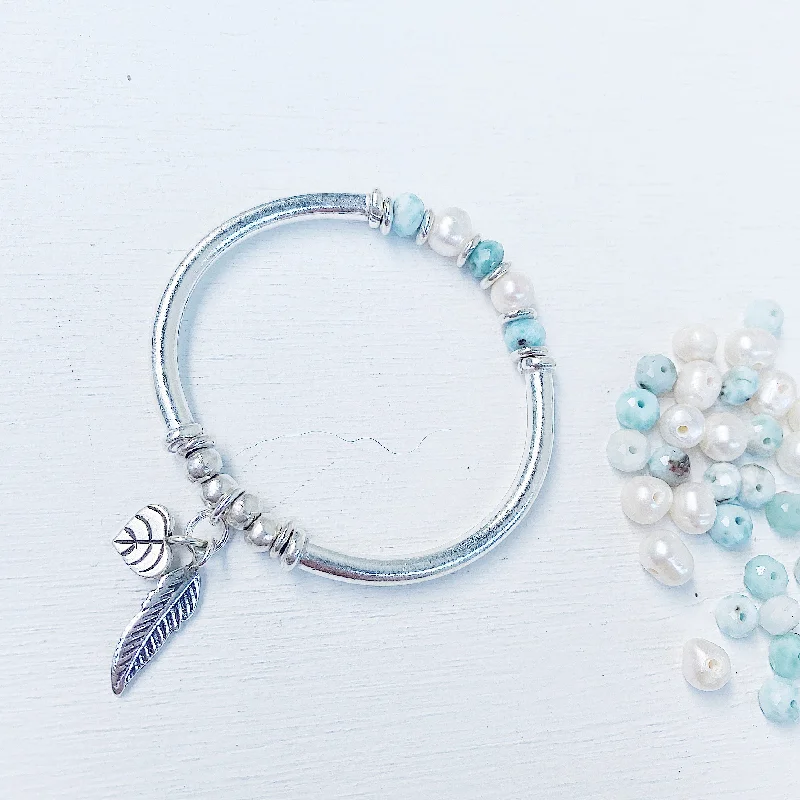 anniversary bangle sets for women-LARIMAR AND PEARL GODDESS BRACELET