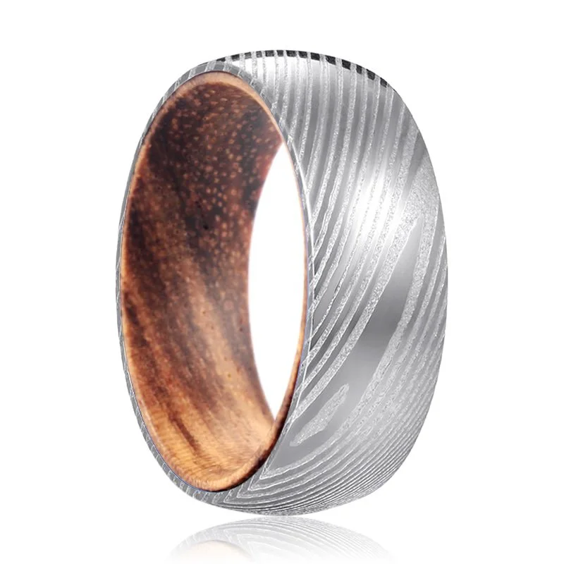 contemporary rings for women-DEVATT | Zebra Wood, Silver Damascus Steel, Domed