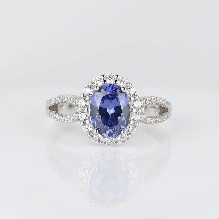 designer engagement rings-1.0 ct Blue Sapphire Oval Cut Halo Engagement Ring