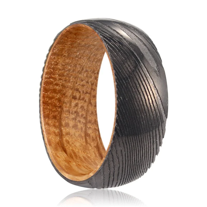 statement rings for women-HARROD | Whiskey Barrel Wood, Gunmetal Damascus Steel Ring, Domed