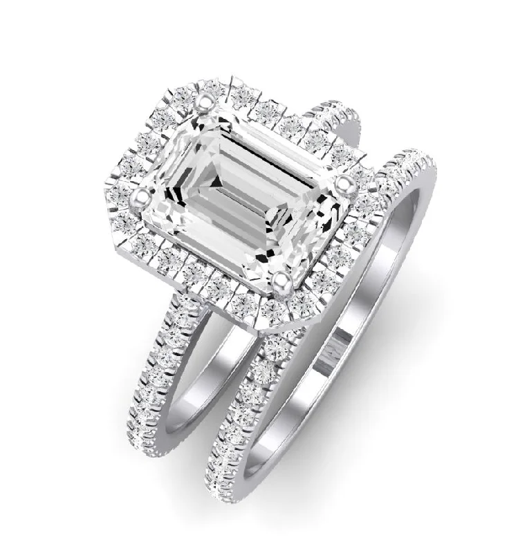 custom engagement rings-4.0ct Halo Emerald Cut Wedding Ring Set