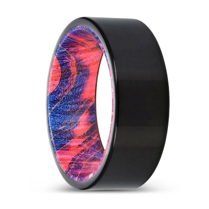 personalized rings for women-NORBURY | Blue & Red Wood, Black Tungsten Ring, Shiny, Flat