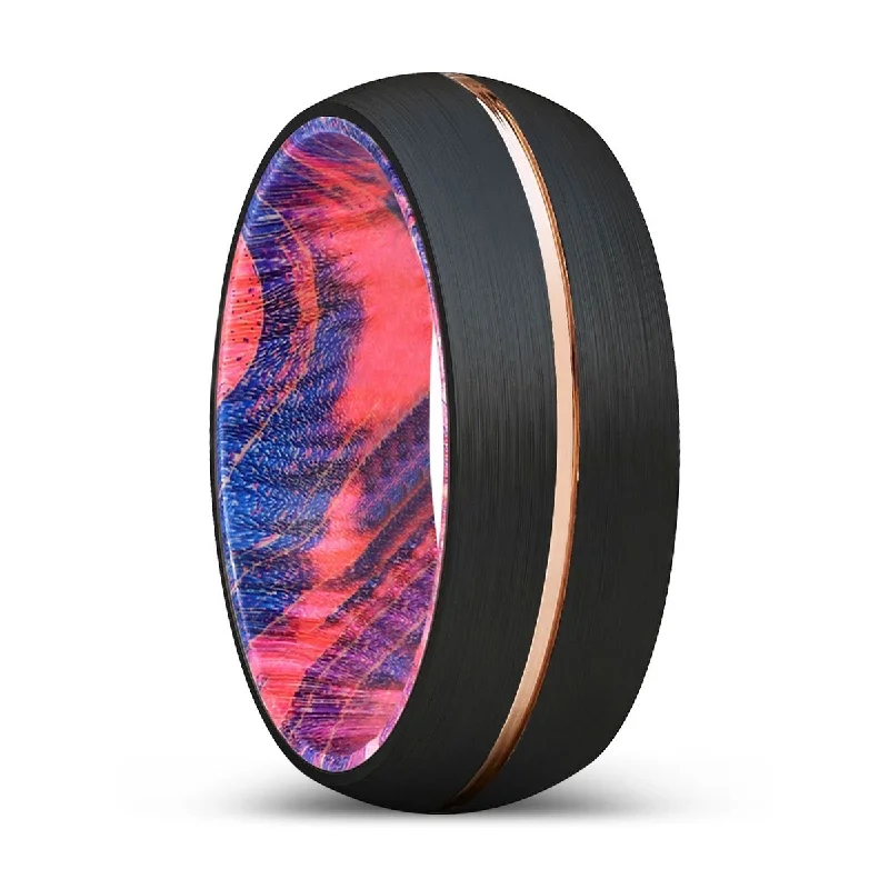 gemstone rings for women-KODITE | Blue & Red Wood, Black Tungsten Ring, Rose Gold Groove, Domed