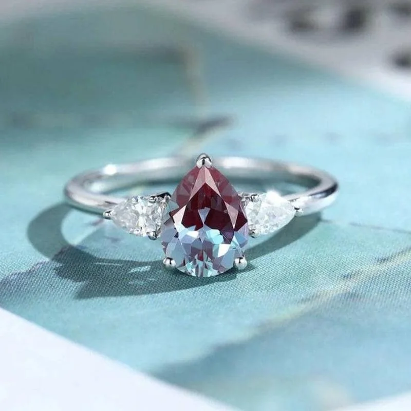 wedding engagement rings set-Pear Cut Alexandrite with Diamond Engagement Ring