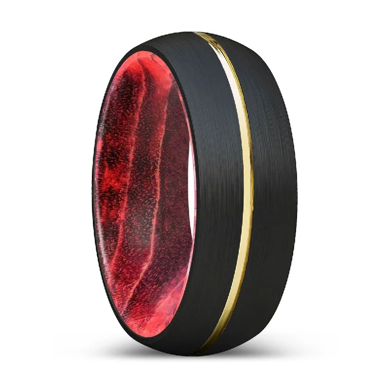 luxury rings for women-KATANA | Black & Red Wood, Black Tungsten Ring, Gold Groove, Domed