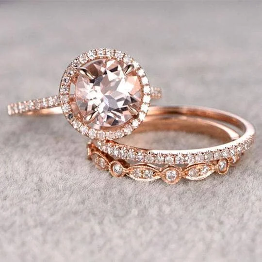 high-end engagement rings-Rose Gold Champagne Sapphire Halo Round Cut 3pcs Wedding Ring Set