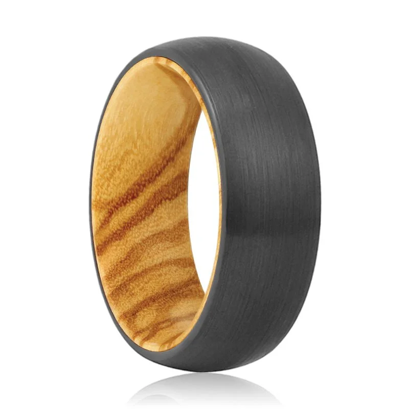 diamond-encrusted rings for women-FORGE | Olive Wood, Black Tungsten Ring, Brushed, Domed