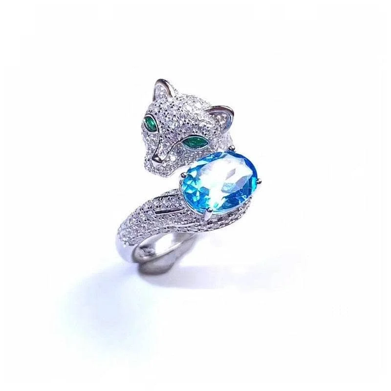 wedding engagement rings for women-Oval Cut Natural Topaz Cat Ring