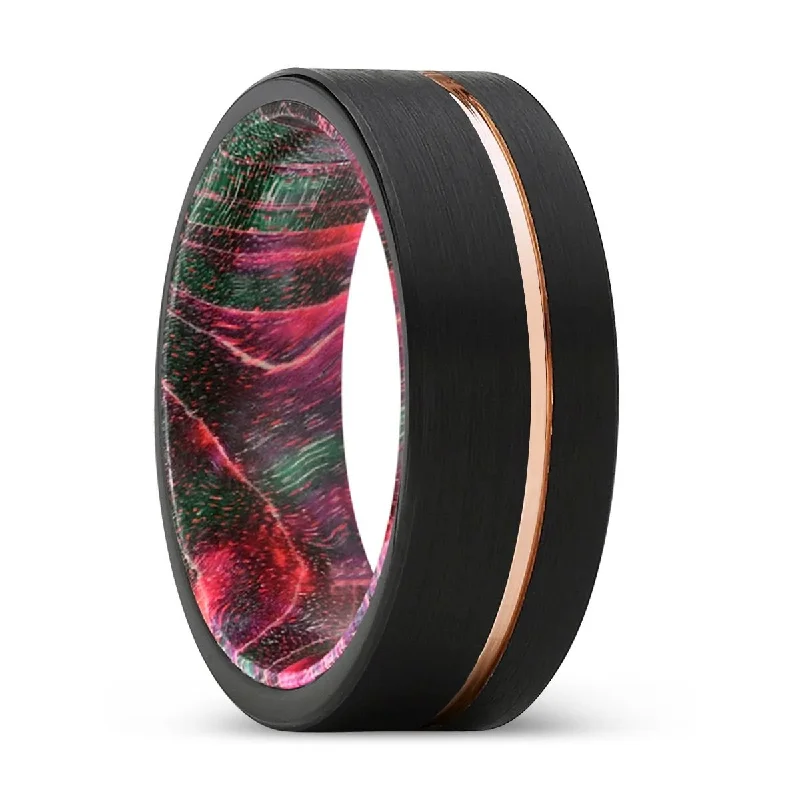 wedding rings for women-BRAWN | Green & Red Wood, Black Tungsten Ring, Rose Gold Offset Groove, Brushed, Flat