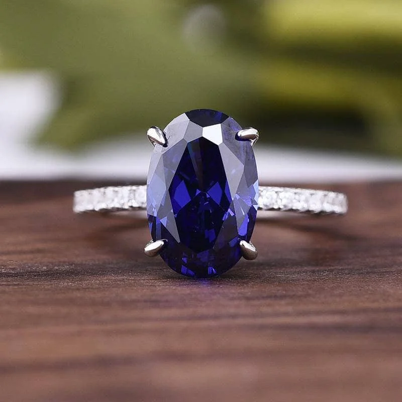 engagement rings for women-3.5ct Blue Sapphire Oval Cut Diamond Engagement Ring