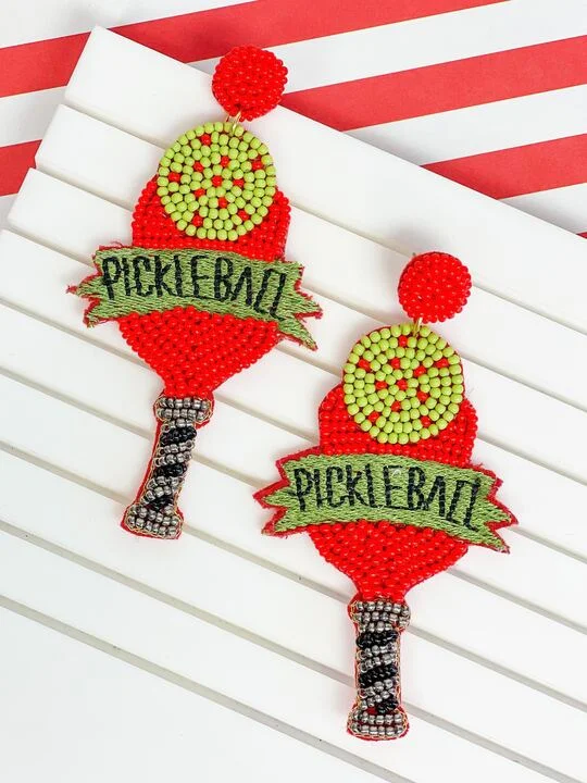 artistic earrings for women-'Pickleball' Paddle Beaded Dangle Earrings