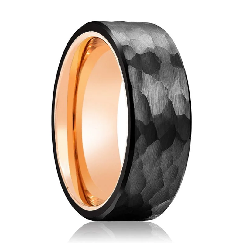 promise rings for women-CLAW - Rose Gold Ring, Black Tungsten Ring, Hammered, Flat