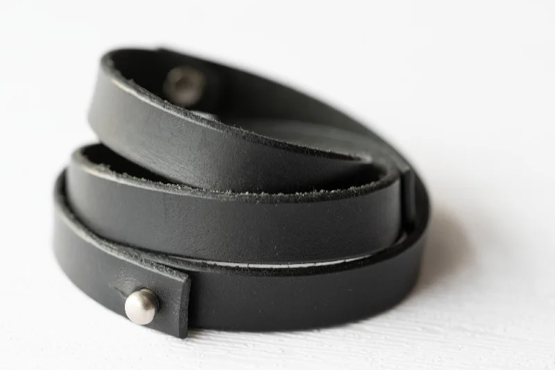 handmade silver bangles for women-Leather Wrap Bracelet Handmade Jewelry - Black Leather + Silver Rivets