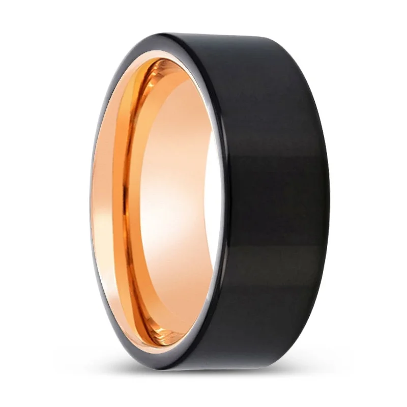 double band rings for women-LOCKINGE | Rose Gold Ring, Black Tungsten Ring, Shiny, Flat