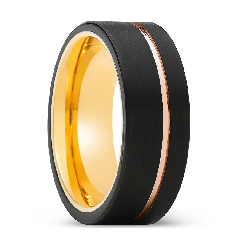 rings for women-GLORIOUS | Gold Ring, Black Tungsten Ring, Rose Gold Offset Groove, Brushed, Flat