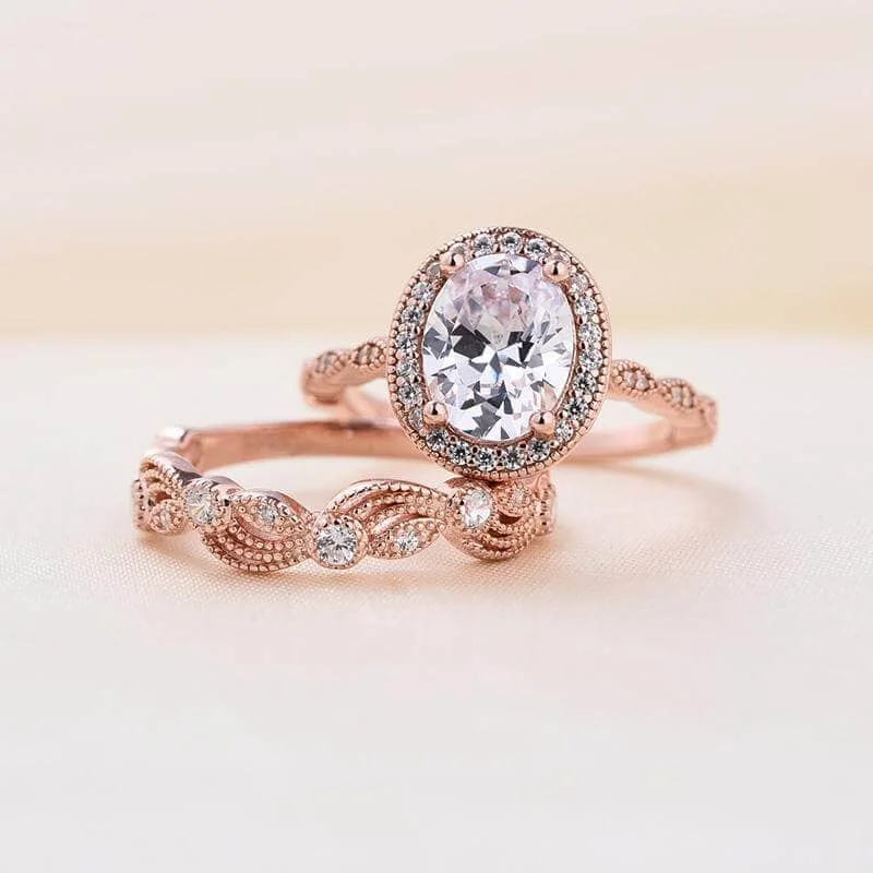 personalized engagement rings-Oval Cut Clear Stone Halo Wedding Ring Set in Rose Gold