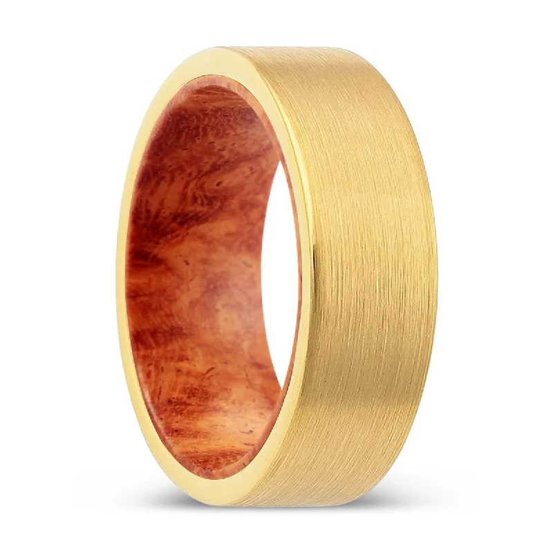 promise rings for women-SKRIX | Red Burl Wood, Gold Tungsten Ring, Brushed, Flat