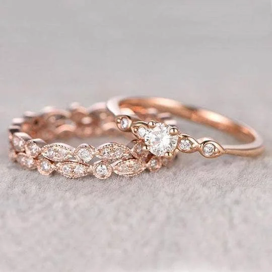 large diamond engagement rings-Rose Gold Round Cut 3PC Wedding Ring Set