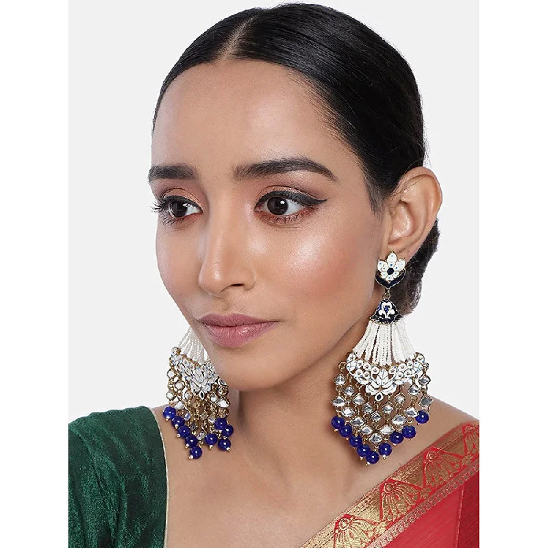 gold earrings for women-Etnico 18K Gold Plated Ethnic Meenakri Dangler Earrings studded with Kundan for Women/Girls (E2792Bl)