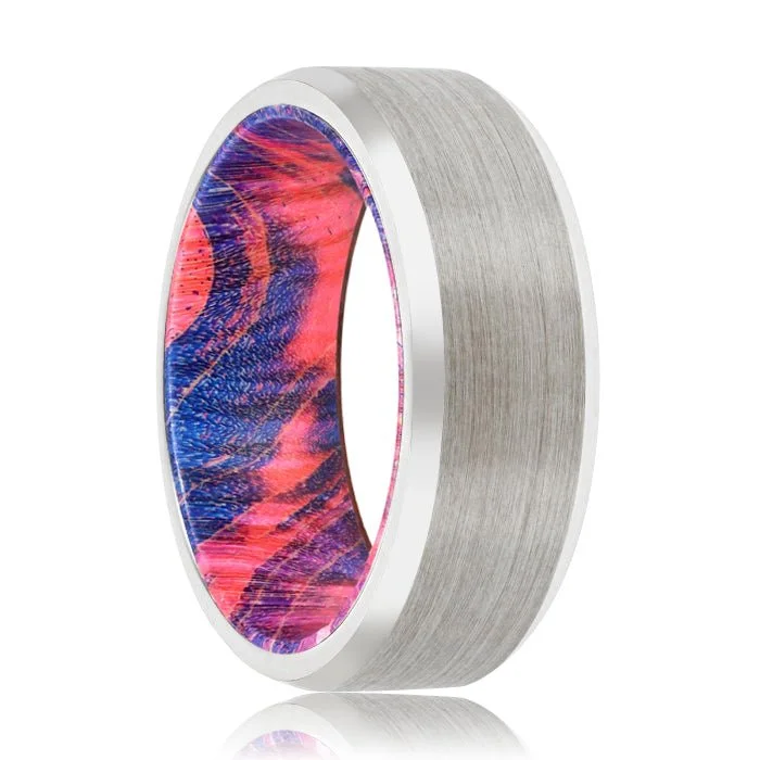 signet rings for women-DAZZLE | Blue & Red Wood, Silver Tungsten Ring, Brushed, Beveled