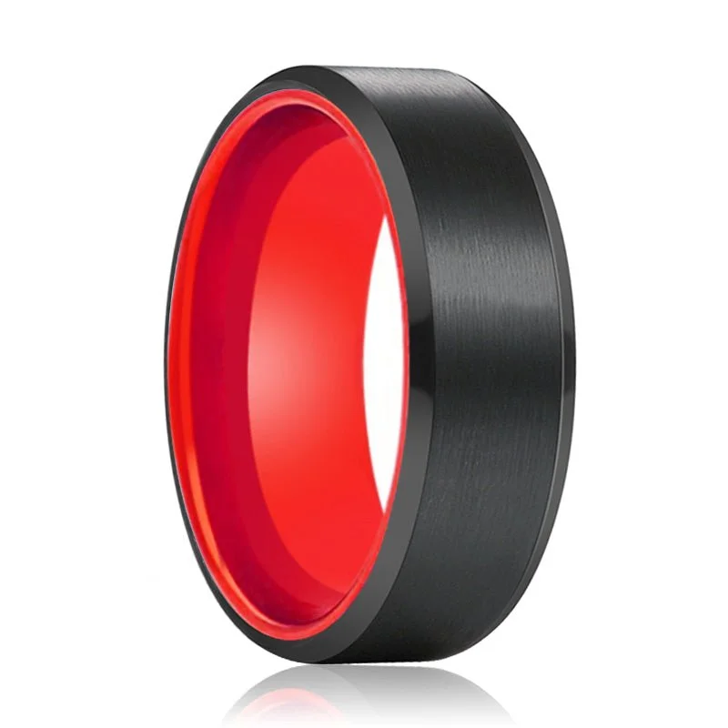 unique diamond rings for women-NEWT | Red Ring, Black Tungsten Ring, Brushed, Beveled