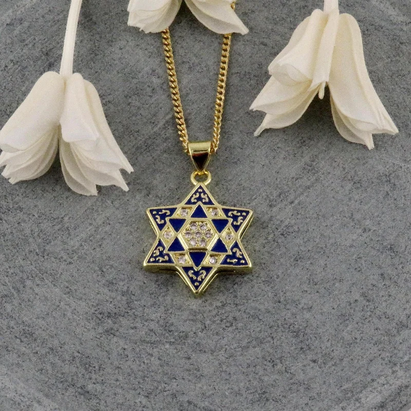 casual necklaces for women-Blue Gold Enamel Star of David Necklace