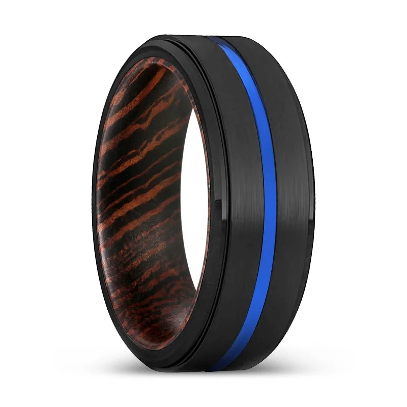 silver-plated rings for women-EQUINOX | Wenge Wood, Black Tungsten Ring, Blue Groove, Stepped Edge