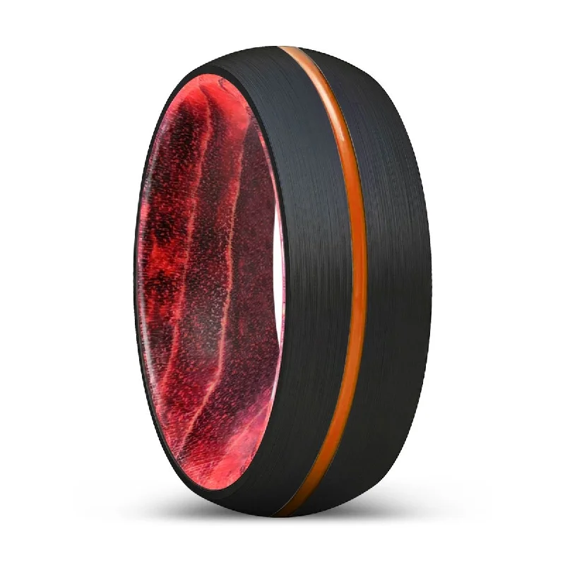 wedding bands with gemstones-TIMBERWOLF | Black & Red Wood, Black Tungsten Ring, Orange Groove, Domed