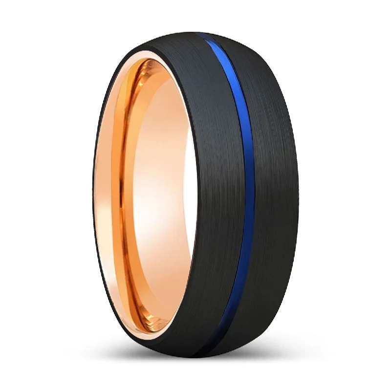 engagement rings for women-JAVA | Rose Gold Ring, Black Tungsten Ring, Blue Groove, Domed