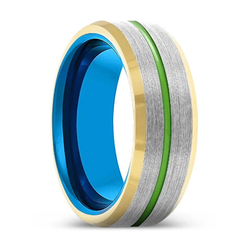 designer engagement rings for women-SENTINEL | Blue Tungsten Ring, Silver Tungsten Ring, Green Groove, Gold Beveled Edge