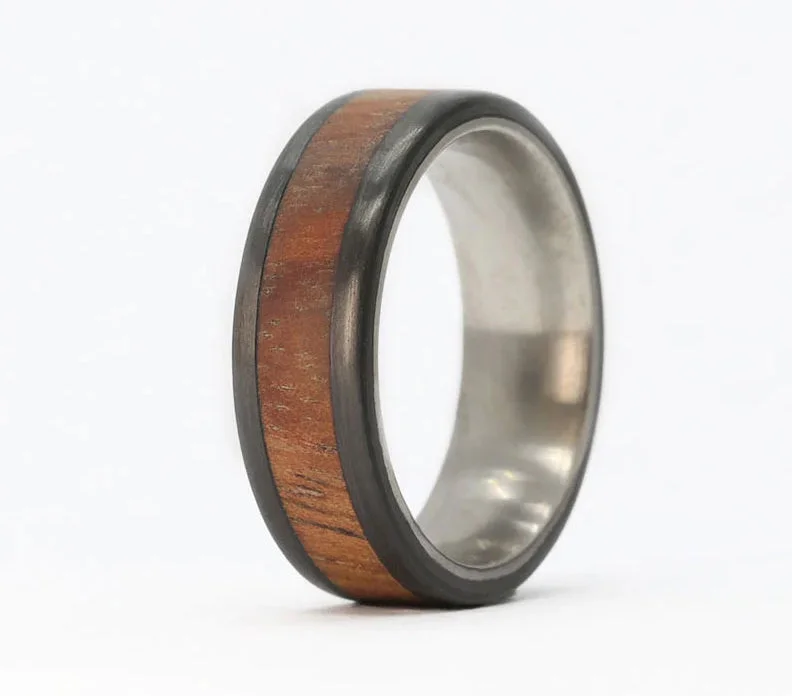 wedding bands with gemstones-Koa Wood Ring with Carbon Fiber & Titanium