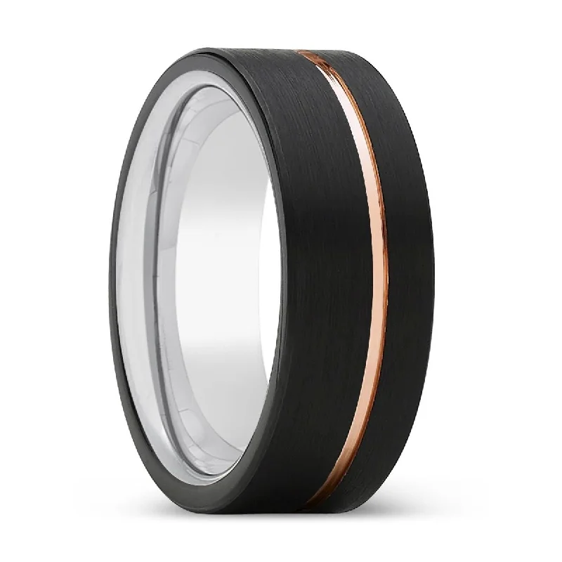 handcrafted wedding rings for women-VOYAGE | Silver Ring, Black Tungsten Ring, Rose Gold Offset Groove, Brushed, Flat