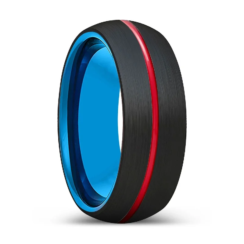 rose gold rings for women-VICTOR | Blue Tungsten Ring, Black Tungsten Ring, Red Groove, Domed