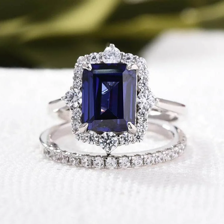 classic engagement rings-Halo Blue Sapphire Emerald Cut Wedding Ring Set