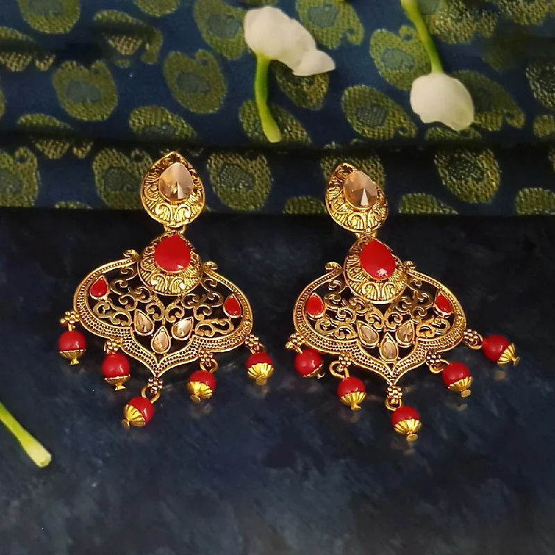 crystal earrings for women-JD Arts Antique Gold Plated Kundan Red Beads Dangler Earrings - 1317625B