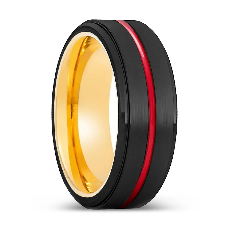 anniversary diamond rings for women-SPEED | Gold Ring, Black Tungsten Ring, Red Groove, Stepped Edge