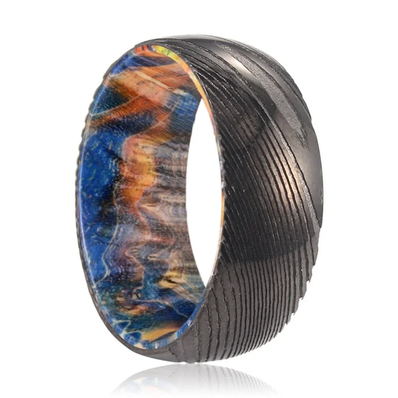 gold rings with diamonds-LUKE | Blue & Yellow/Orange Wood, Gunmetal Damascus Steel Ring, Domed