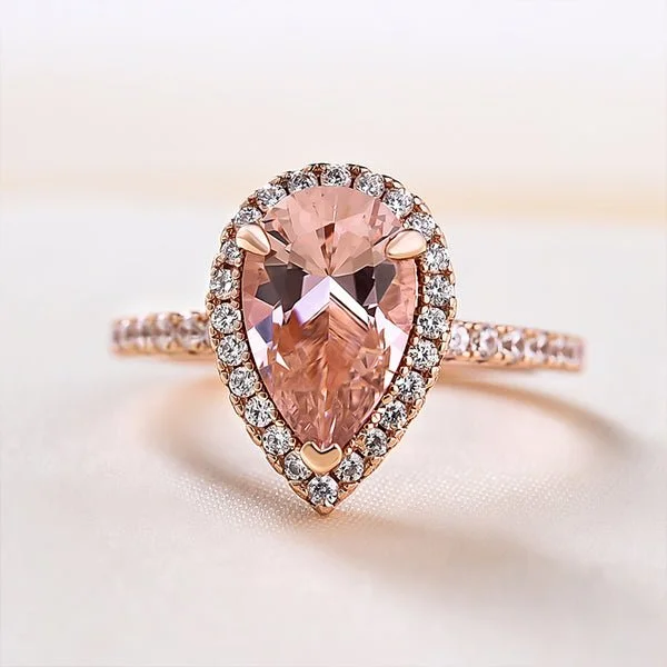 handmade engagement rings-3.0ct Halo Pear Cut Synthetic Morganite Engagement Ring