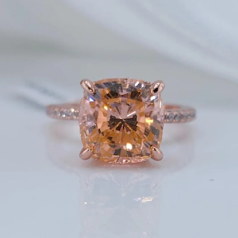 matching wedding and engagement rings-Rose Gold 3.5ct Champagne Stone Cushion Cut Engagement Ring