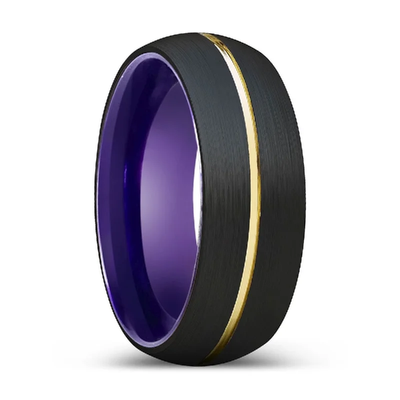 custom-made wedding rings for women-MARCEL | Purple Ring, Black Tungsten Ring, Gold Groove, Domed